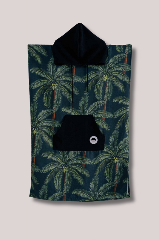Outwhere Changing Poncho Towel in Buko design, Coconut tree print, flatlay on white background