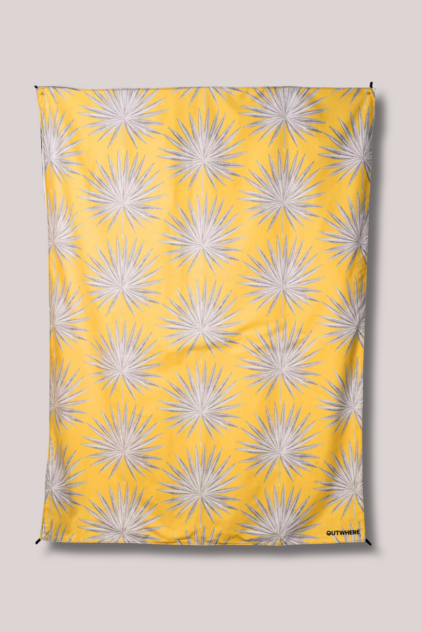 Flatlay on white background showing Outwhere PH Latag mat design in Anahaw print in yellow